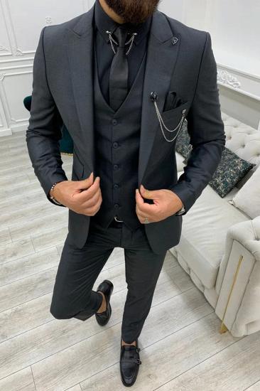 Dark Grey Wool Peak Collar Men's Three Piece Wedding Prom Suit_2