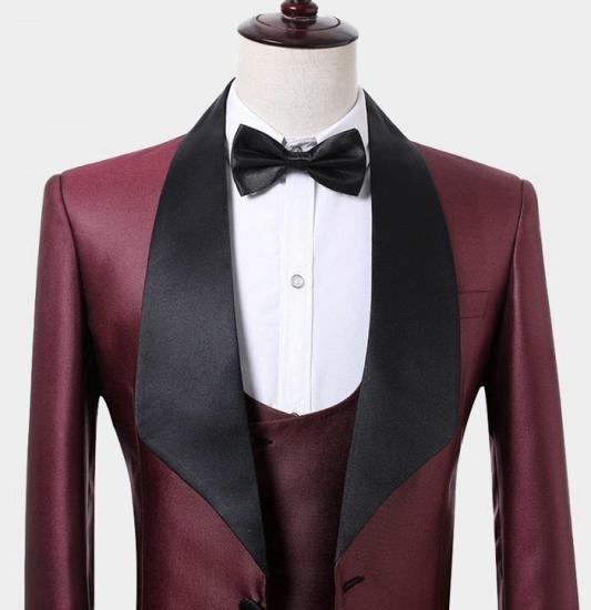 Fashion Burgundy Three Pieces Men Suits | Black Shawl Lapel Tuxedo Online_4