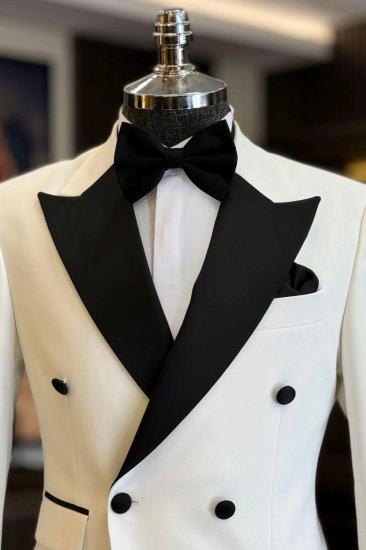 White Double Breasted Black Peak Collar Slim Fit Mens Two Piece Wedding Tuxedo_3