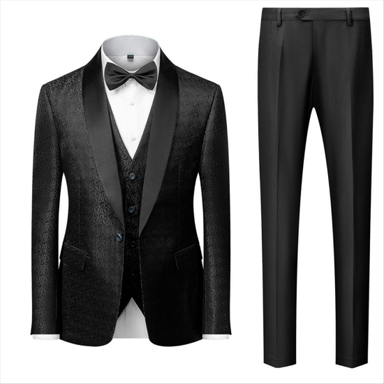 Classic Black Satin Shawl Lapel Jacquard Suits Men Wedding Tuxedos_2