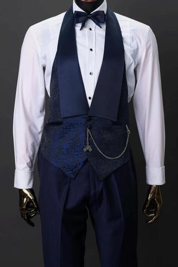 Luxury Navy Blue 3D Floral Jacquard 3-Piece Men's Tuxedo Suit with Bow Tie_2