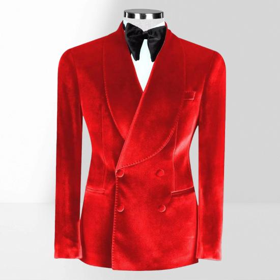Red Velvet Shawl Collar Double Breasted Men Two Piece Tuxedo_2