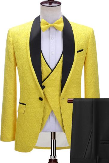 Alejandro Handsome Yellow One Button Three Piece Black Lapel Wedding Suit_2