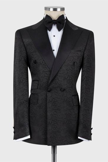Black Jacquard Point Collar Double Breasted Men's Suit_1