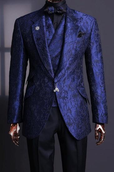 Modern Slim Dark Blue Jacquard One Button Three Piece Mens Suit for Wedding
