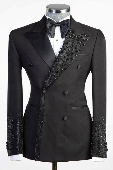Shiny Black Double Breasted Two Piece Wool Wedding Suit | With Beading Prom Suit_1