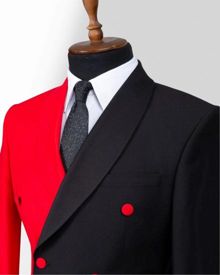 Red And Black Double Breasted Shawl Collar Slim Fit Mens Two Piece Suit_3