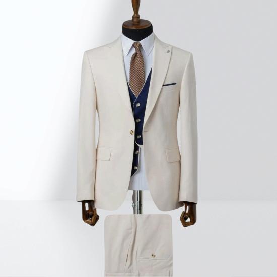 Beige Single Breasted Groom Three Piece Wedding Suit With Dark Blue Vest_2