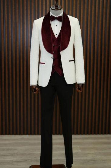 Brady Burgundy Velvet Shawl Lapel Jacquard Mens Slim Three Piece Tuxedo Suit_2