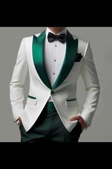 White Slim Fit Peak Collar Two Piece Wedding Suit | Green Pants_1