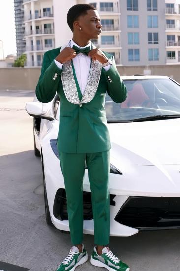 Hugo Dark Green One Button Prom Suits With Beading Shawl Lapel_1