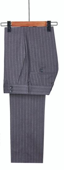 Gray Lapel Gold Button Double Breasted Striped Men Two Piece Suit_2