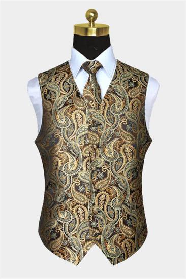 Newest Gold Paisley Mens Vest With Tie Set