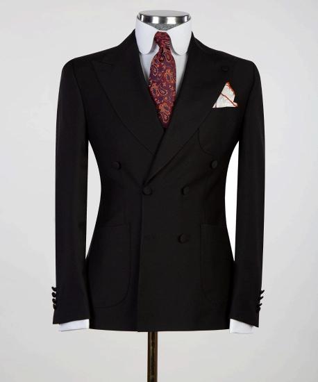Black Double Breasted Peaked Lapel Business Men Suits_4