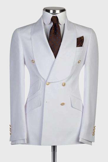 Elegant White Gentleman Double Breasted Tuxedo | Shawl Collar Men's Tuxedo With Metal Buttons_1
