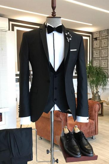 Devin Elegant Three Piece Black Notched Lapel Business Men Suit_2
