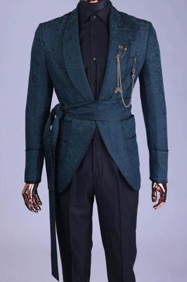Fashion Dark Turquoise Shawl Lapel Two Pieces Jacquard Wedding Suits_1