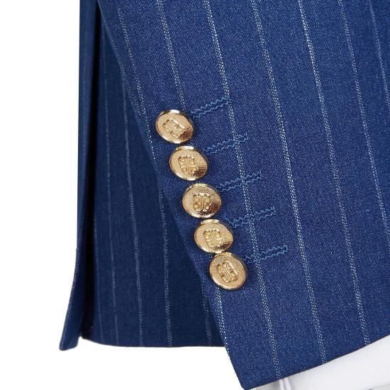 Medium Blue Peaked Lapel Collar Gold Button Double Breasted Striped Men Two Piece Suit_3