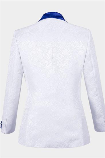 White Jacquard Tuxedo with Blue Shawl Lapel | Three-Piece Set Sale at_2