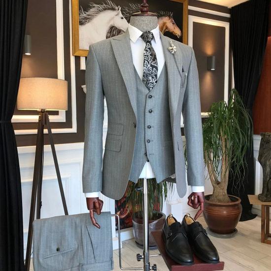 Mark Three Piece Peak Lapel Gray Striped Business Men Suits | Three Piece Twill Suit_6