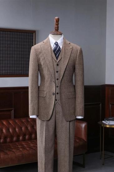Stylish Notch Lapel Khaki Wool Plaid Three Piece Men's Business Suit_1
