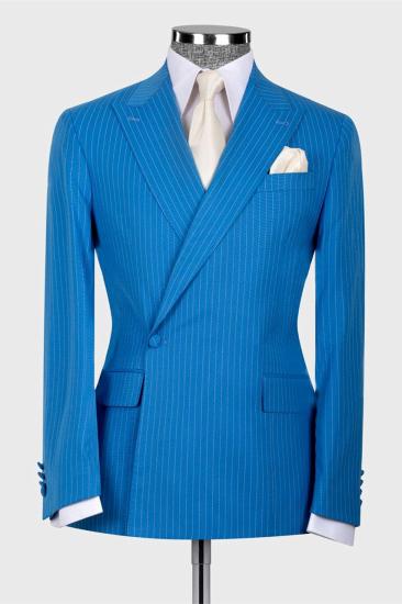 Blue Stripe One Button Fashion Slim Fit Simple Business Suits_1