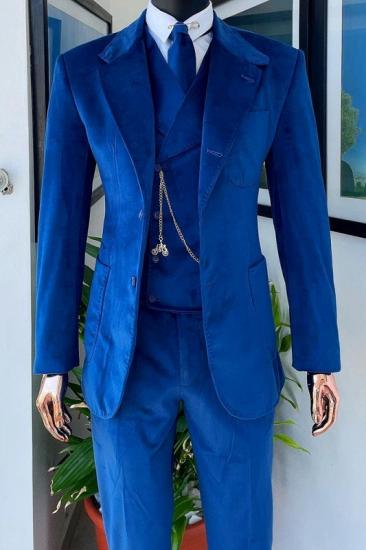 Royal Blue Notched Lapel Three Pieces Velvet Prom Suits_1