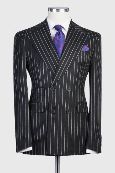Modern Black Stripe Double Breasted Point Collar Business Men Suits_1