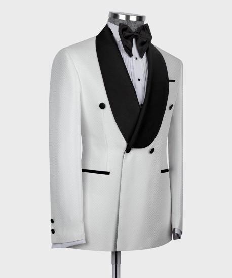 White Two-Piece Black Shawl Lapel Double Breasted Wedding Suit_3