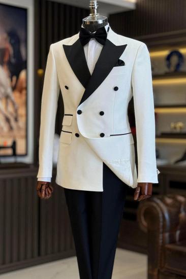 White Double Breasted Black Peak Collar Slim Fit Mens Two Piece Wedding Tuxedo