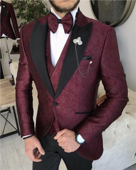 Burgundy Three Piece Jacquard Pointed Collar Men Wedding Suit_2