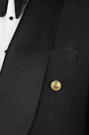 Black Double Breasted Flap Wool Blend Shawl Collar Men Wedding Suit | Gold Buttons_3