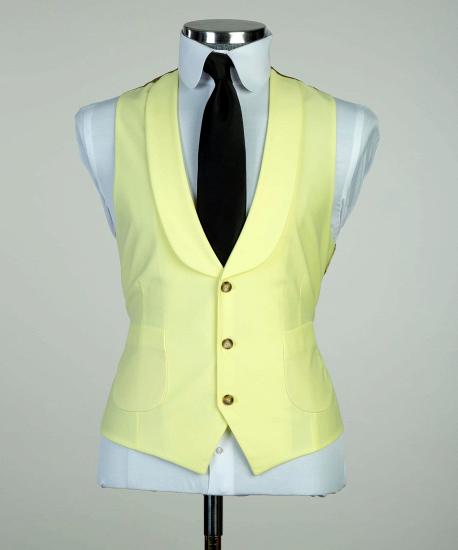 Light Yellow Pointed Collar Three Piece Men Business Suit_2