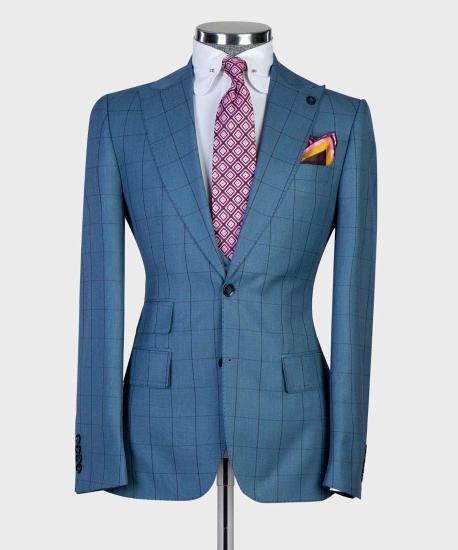 Fashion Blue Plaid Slim Fit Peaked Lapel Three Pieces Men Suits_5