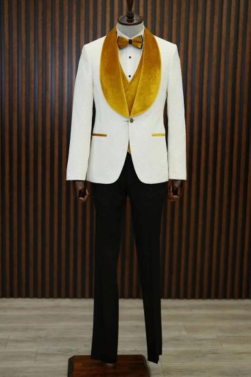 Brady Yellow Velvet Shawl Lapel Jacquard Mens Slim Three Piece Tuxedo Suit_2