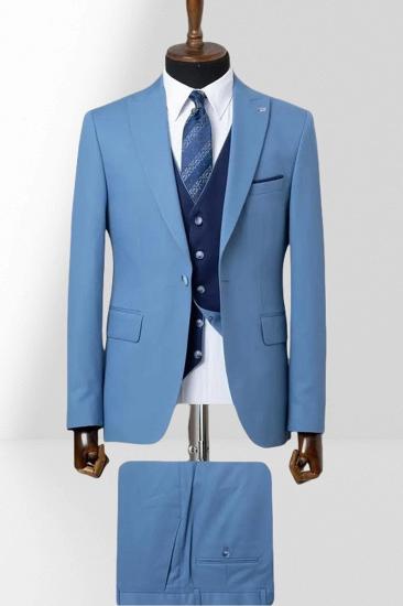 Blue Single Breasted Groom Three Piece Wedding Suit With Dark Blue Vest
