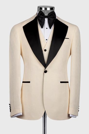 Modern Creamy Creamy Yellow Notch Lapel Mens Suit | Men Three Piece Black Collar Suits_2