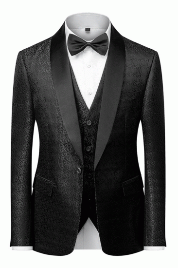 Classic Black Satin Shawl Lapel Jacquard Suits Mens Wedding Tuxedos