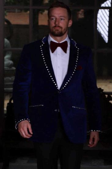 Decent Navy Velvet Notched Lapel Two Piece Prom Suits With Crystal_1