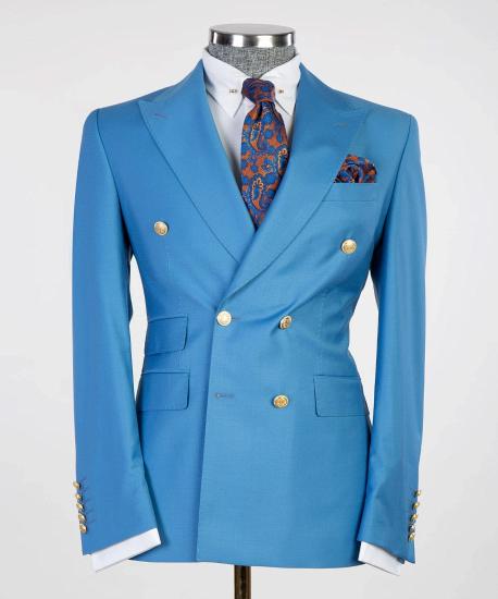 Modern Blue Double Breasted Point Collar Business Men Suit_4