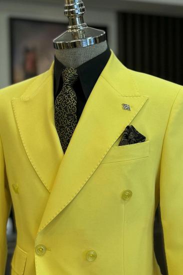 Brady Yellow Double Breasted Peak Collar Slim Fit Mens Two Piece Prom Tuxedo_5