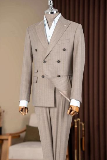 Men Khaki Pinstripe Double Breasted Two Piece Suit Custom Business Wedding Formal Blazer Trousers Set_1