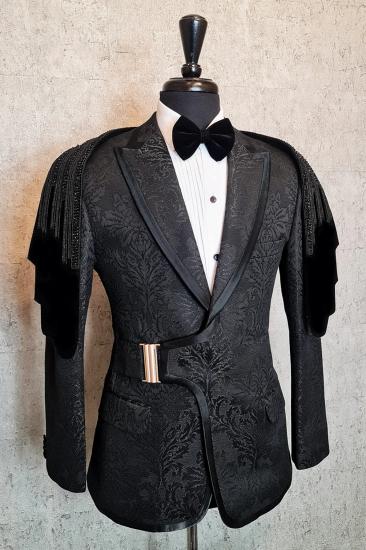 Men Black Jacquard Tuxedo Beaded Tassel Shoulder Luxury Groom Stage Party Suit
