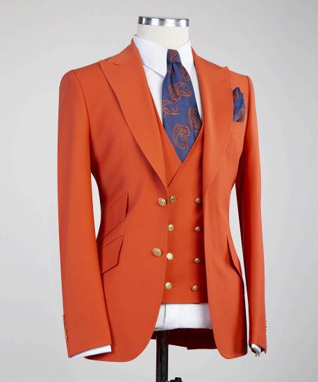 Fashion Orange Peaked Lapel Three Pieces Men Suits_3