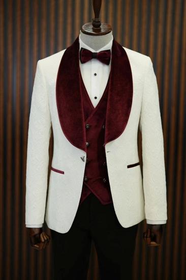 Brady Burgundy Velvet Shawl Lapel Jacquard Mens Slim Three Piece Tuxedo Suit