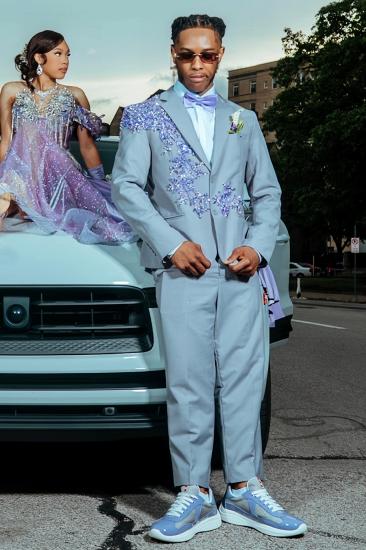 Charming Gray Blue Notched Lapel Beaded Prom Suit for Men | Formal Tuxedo_1