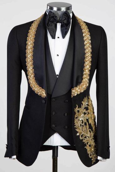 Fashion Slim Shiny Gold Appliques Three Piece Black Wedding Suit Prom Outfits_1