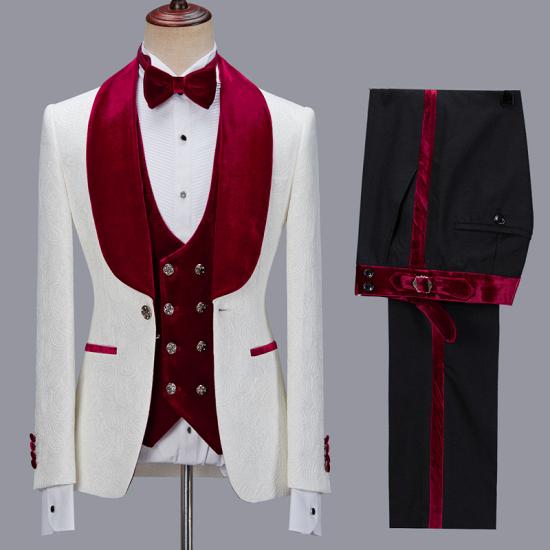 Nathanael White Jacquard Three Pieces Wedding Groom Mens Suits with Velvet Lapel_4