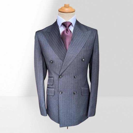 Brady Gray Double Breasted Striped Peaked Lapel Slim Fit Two Pieces Business Suits_2
