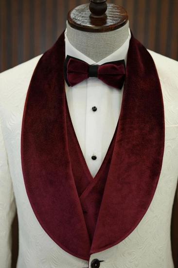 Brady Burgundy Velvet Shawl Lapel Jacquard Mens Slim Three Piece Tuxedo Suit_3